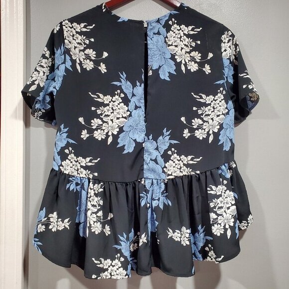 Asos Women's Black Blue Floral Short-Sleeved Peplum Top Blouse Ruffles Sz 4 - Picture 2 of 12